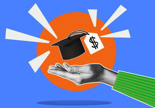 Concept of financial literacy and education. Human hand and graduation cap with dollar sign.